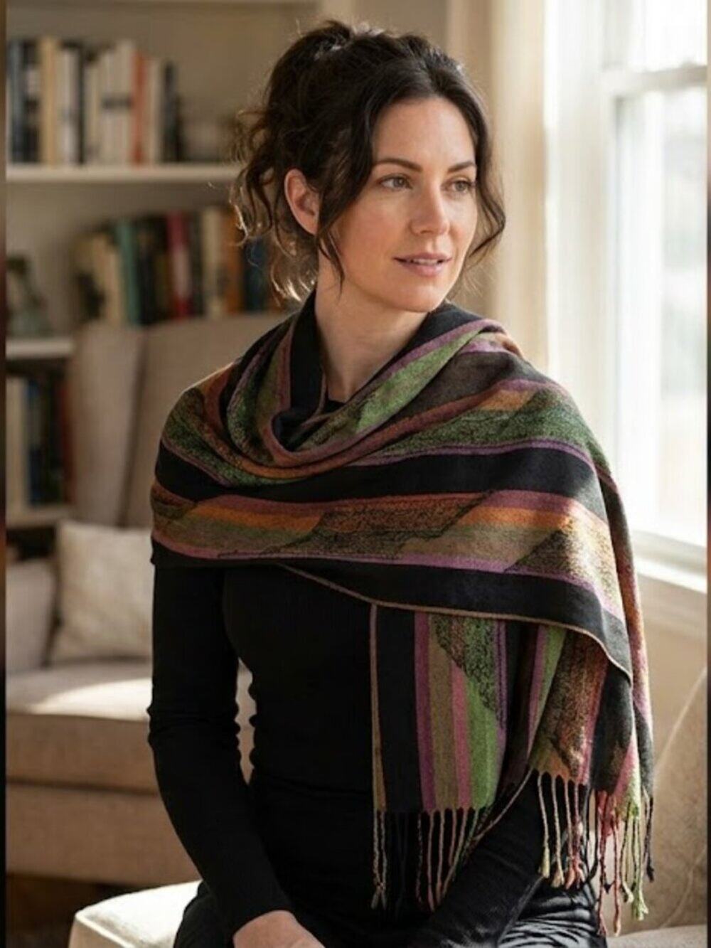 Luxury Cashmere Silk Striped Multicolor Fringe Scarf Wrap XL 27"x78"